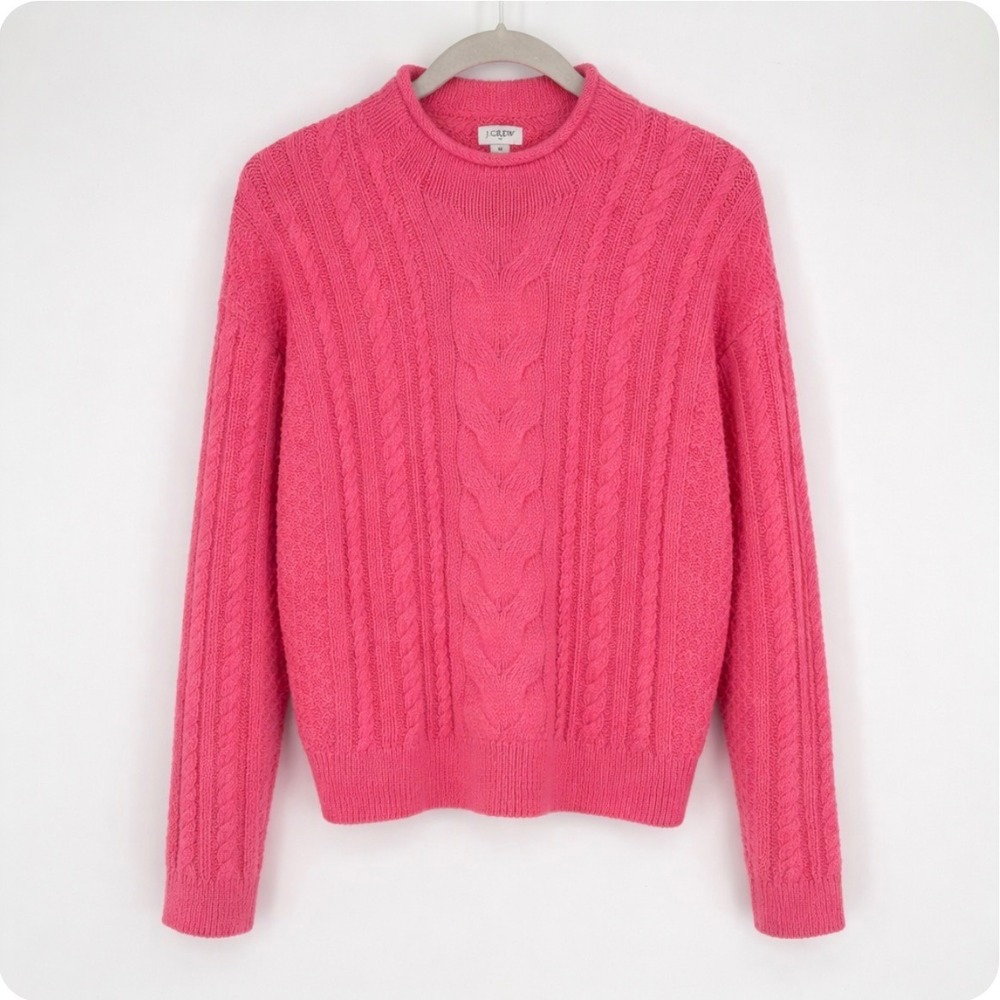 J.Crew Pink Cable Knit Roll Neck Sweater‎ Sz M Pink Cotton Blend Lightweight
